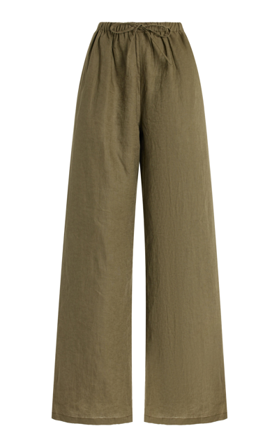 Shop Aexae Drawstring Linen Wide-leg Pants In Green