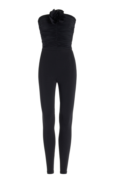 Shop Maygel Coronel Matuna Floral-appliquéd Strapless Jumpsuit In Black