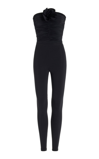 Maygel Coronel Matuna Floral-appliquéd Strapless Jumpsuit In Black