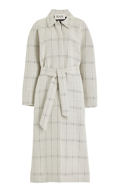 Shop Tove Kemi Checked Linen-blend Coat In Ivory