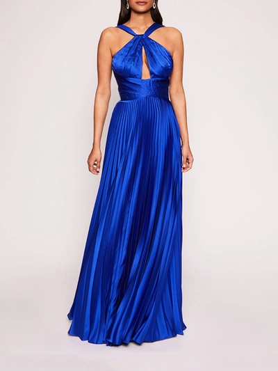 Shop Marchesa Pleated Foil Gown In Sapphire