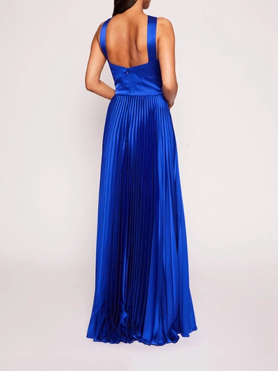 Shop Marchesa Pleated Foil Gown In Sapphire