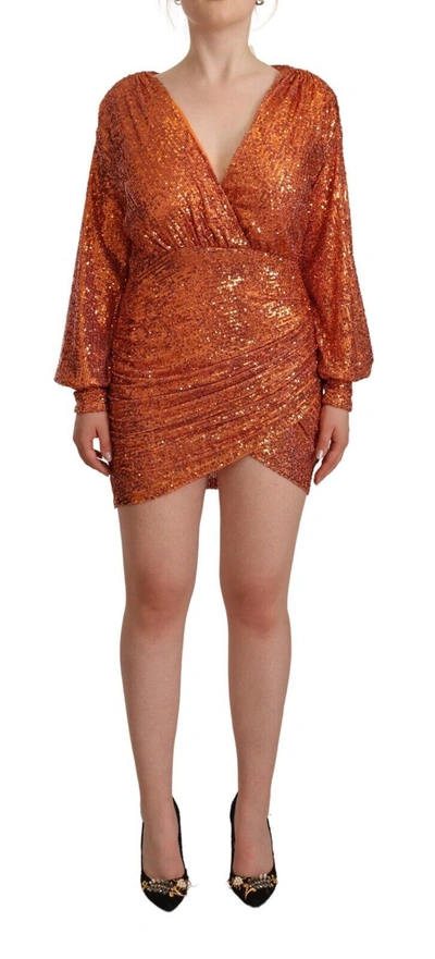 Shop Aniye By Sequined Long Sleeves Mini Sheath Wrap Women's Dress In Orange