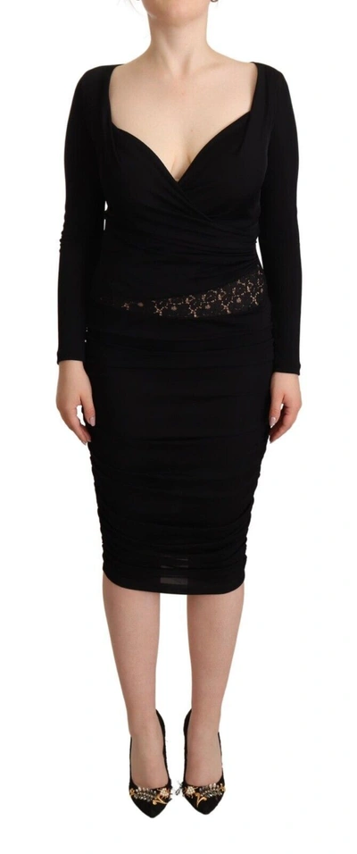 Shop Gf Ferre' Long Sleeves Sweetheart Neck Midi Women's Dress In Black