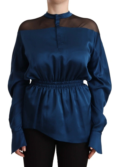 Shop Masha Ma Silk Long Sleeves Elastic Waist Top Women's Blouse In Blue