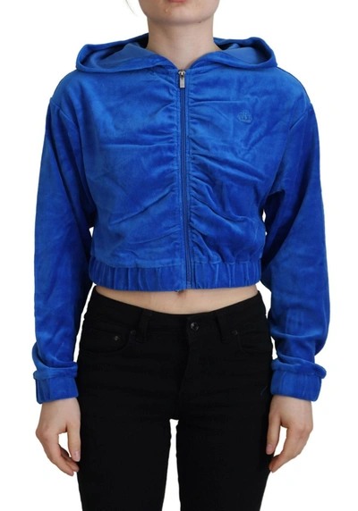 Shop Juicy Couture Cotton Full Zip Cropped Hooded Sweatshirt Women's Sweater In Blue