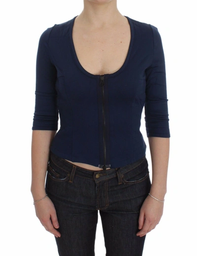Shop Exte Cotton Top Zipper Deep Crew-neck Women's Sweater In Blue