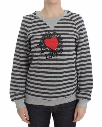 Exte Gray Striped Cotton Crewneck Sweater In Grey