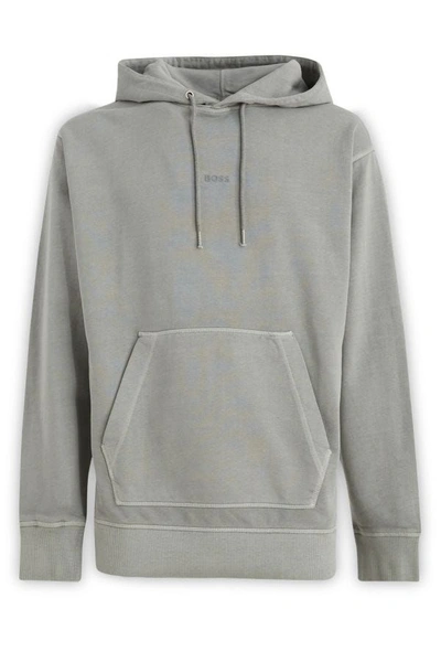 Shop Hugo Boss Cotton Logo Details Hooded Men's Sweatshirt In Grey