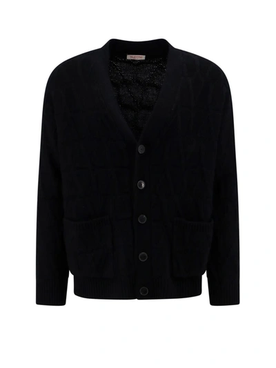 Valentino Textured Wool Cardigan With Embroidered Motif In Black