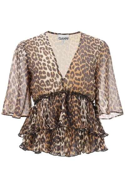 Shop Ganni Pleated Blouse With Leopard Motif In Beige, Black