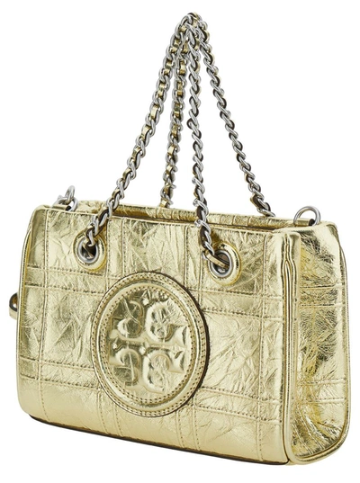 Shop Tory Burch 'fleming Soft' Mini Gold-colored Shoulder Bag With Embossed Logo In Metallic Leather Woman In Grey
