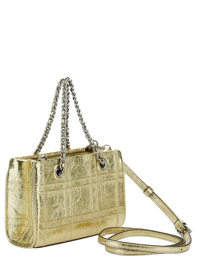 Shop Tory Burch 'fleming Soft' Mini Gold-colored Shoulder Bag With Embossed Logo In Metallic Leather Woman In Grey