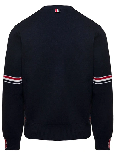 Shop Thom Browne Blue Cardigan With Stripe Detail In Cotton Man