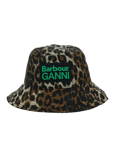 Shop Barbour Brown Bucket Hat With Double Logo Patch And Leopard Print In Waxed Cotton Woman