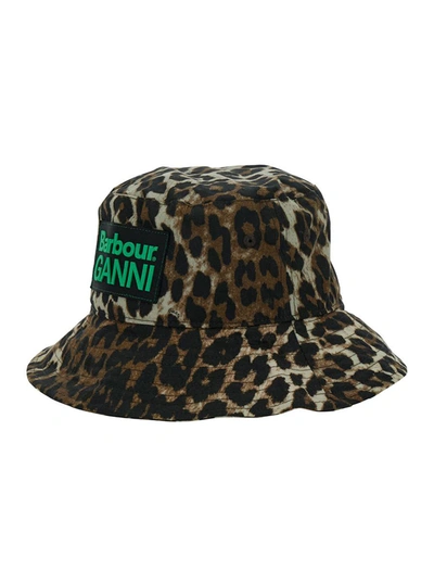 Shop Barbour Brown Bucket Hat With Double Logo Patch And Leopard Print In Waxed Cotton Woman