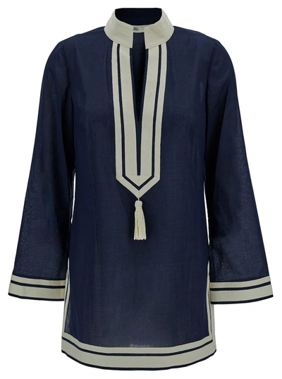 Shop Tory Burch Blue Tunic With Contrasting Details And Tassel In Cotton Woman