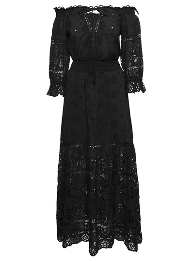 Temptation Positano Embroidered Off-shoulder Maxi Dress In Black Cotton In Black