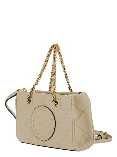 Shop Tory Burch 'mini Fleming' White Handbag With Embossed Logo In Quilted Leather Woman