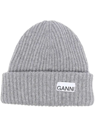 Shop Ganni Grey Fisherman Rib Beanie With Logo Patch In Wool Blend Woman