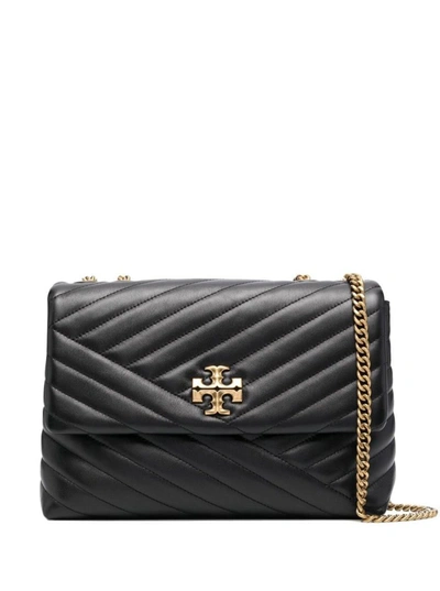 Shop Tory Burch 'convertible Kira' Black Shoulder Bag With Logo In Chevron-quilted Leather Woman