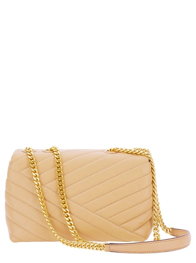 Shop Tory Burch 'small Convertible Kira' Beige Shoulder Bag With Logo In Chevron-quilted Leather Woman