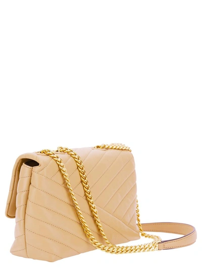 Shop Tory Burch 'small Convertible Kira' Beige Shoulder Bag With Logo In Chevron-quilted Leather Woman