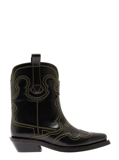 Shop Ganni Black Camperos Boots With Stitchings In Leather Woman