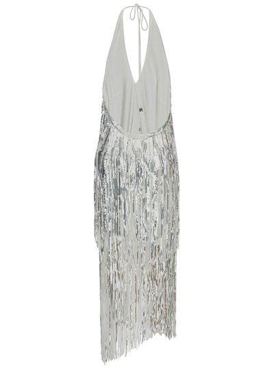Shop Rotate Birger Christensen Midi Silver Dress With Fringes And Paillettes In Stretch Fabric Woman In Grey