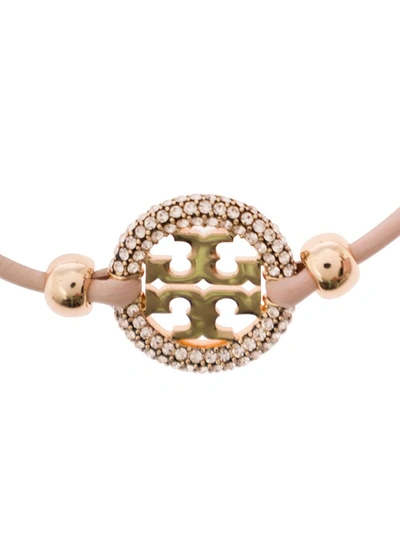 Shop Tory Burch Pink Bracelet With Logo Detail And Rhinestone In Leather Woman