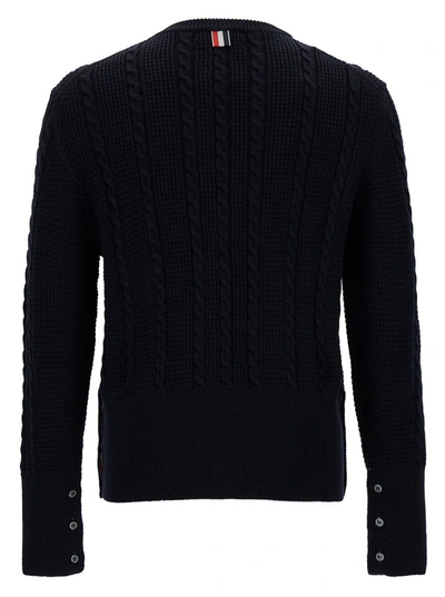 Shop Thom Browne Blue Crewneck Cable Knit Sweater With Rwb Stripe Detail In Wool Man