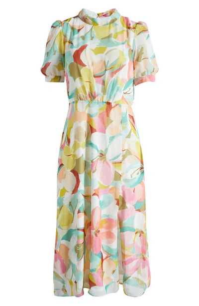 Julia Jordan Floral Puff Sleeve Midi Dress In Ivory Multi