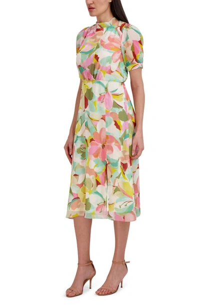 Julia Jordan Floral Puff Sleeve Midi Dress In Ivory Multi