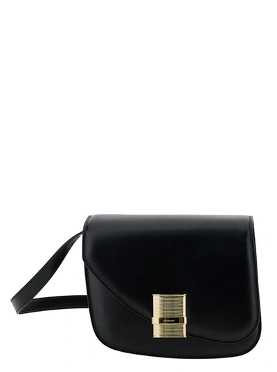 Shop Ferragamo 'fiamma S' Black Shoulder Bag With Logo Detail And Oblique Flap In Leather Woman