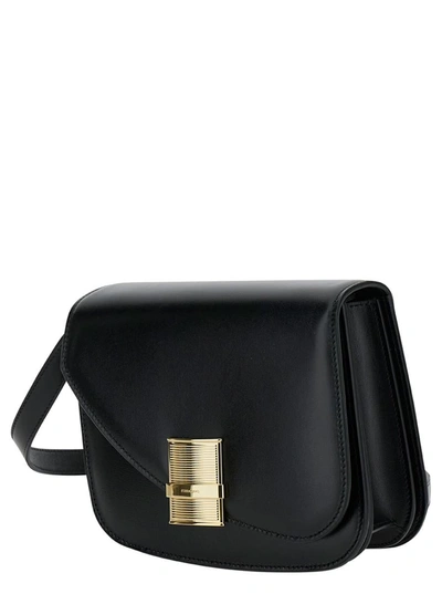 Shop Ferragamo 'fiamma S' Black Shoulder Bag With Logo Detail And Oblique Flap In Leather Woman