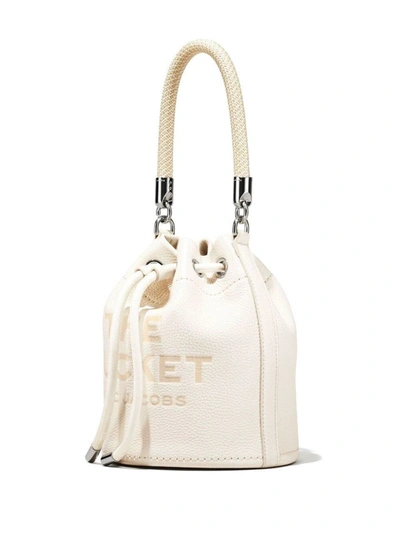 Shop Marc Jacobs 'the Leather Bucket' White Handbag With Drawstring And Front Logo In Hammered Leather Woman