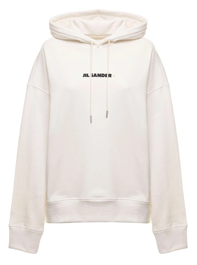 Shop Jil Sander Woman's White Cotton Hoodie With Logo Print