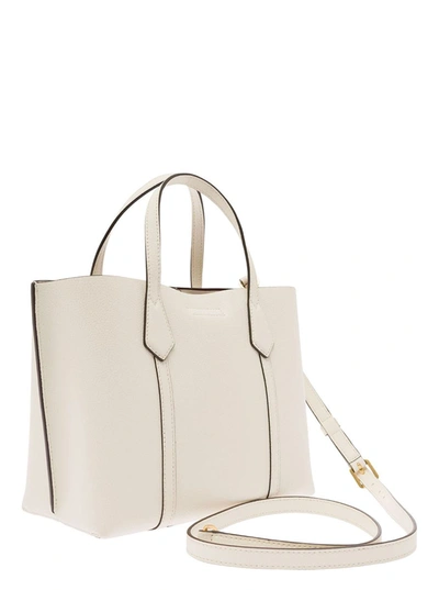 Shop Tory Burch 'perry' Small White Tote Bag With Removable Shoulder Strap In Grainy Leather Woman