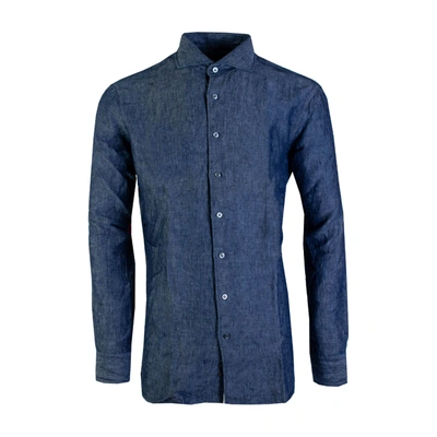 Shop Lardini Effect Linen Men's Shirt In Blue
