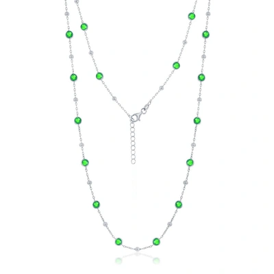 Simona Sterling Silver Bezel-set Cz & Bead Station Necklace (white, Green, Blue, Or Red) In Green