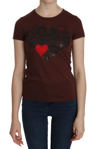 Shop Exte Heart Print Crew Neck T-shirt Short Sleeve Women's Blouse In Brown
