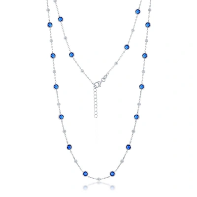 Simona Sterling Silver Bezel-set Cz & Bead Station Necklace (white, Green, Blue, Or Red) In Blue