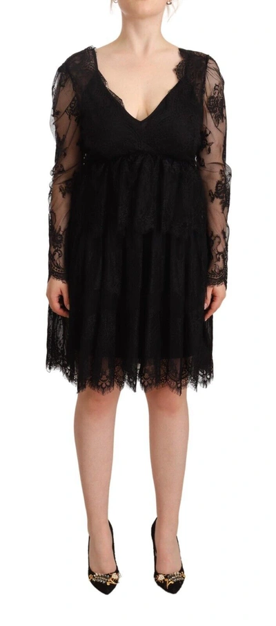Shop Aniye By Floral Lace Cotton Long Sleeves V-neck Shift Women's Dress In Black