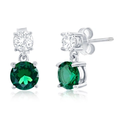 Simona Sterling Silver Round Cz Dangle Earrings (green, Blue, Or Red) In Green