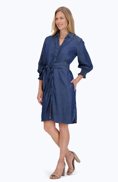 Foxcroft Abby Belted Long Sleeve Shirtdress In Navy