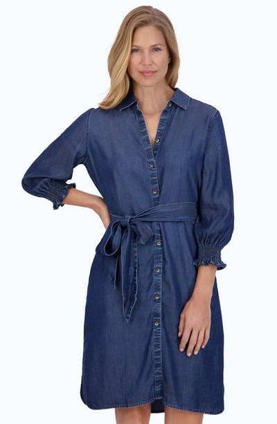 Shop Foxcroft Abby Belted Long Sleeve Shirtdress In Navy