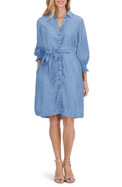 Shop Foxcroft Abby Belted Long Sleeve Shirtdress In Bluewash