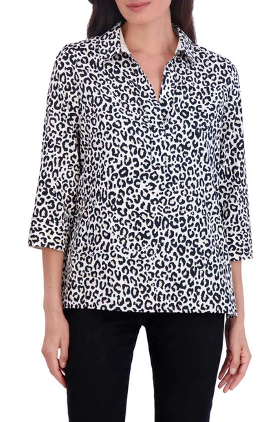 Shop Foxcroft Sophia Leopard Print Three-quarter Sleeve Cotton Popover Shirt In White Multi