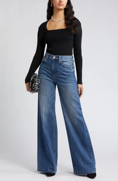 Open Edit Ruched Square Neck Top In Black