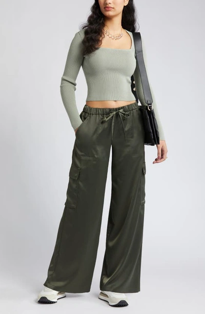Shop Open Edit Luxe Sculpt Square Neck Long Sleeve Top In Green Halo